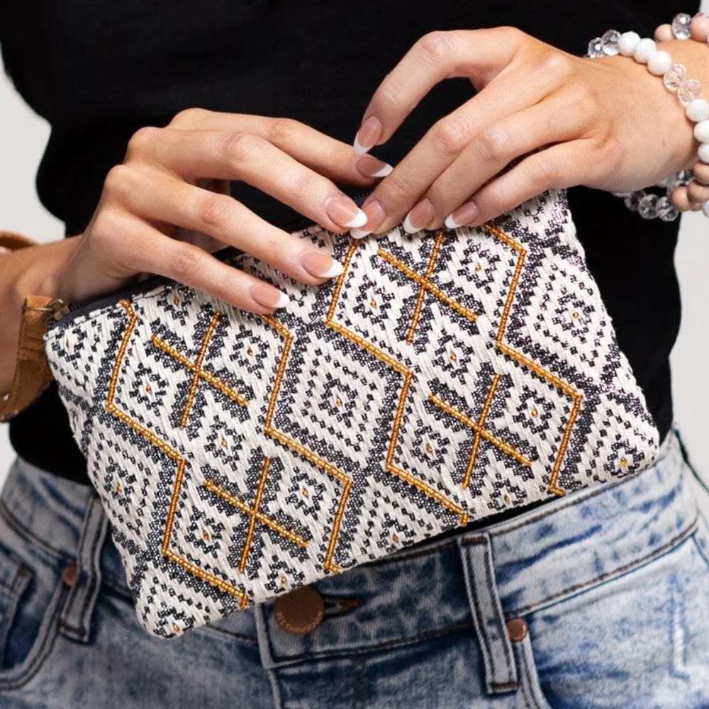 Handmade Hand Beaded Wristlet Clutch - Ethnic Inspired Motive - Gold Seed Beeds - Picture 10 of 11